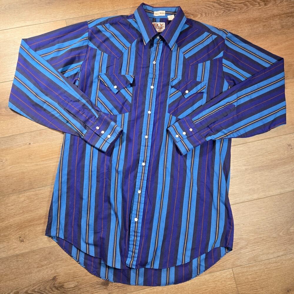 Vintage Ely Cattleman Pearl Snap Shirt Mens L Tall Blue Plaid Western Cowboy 16